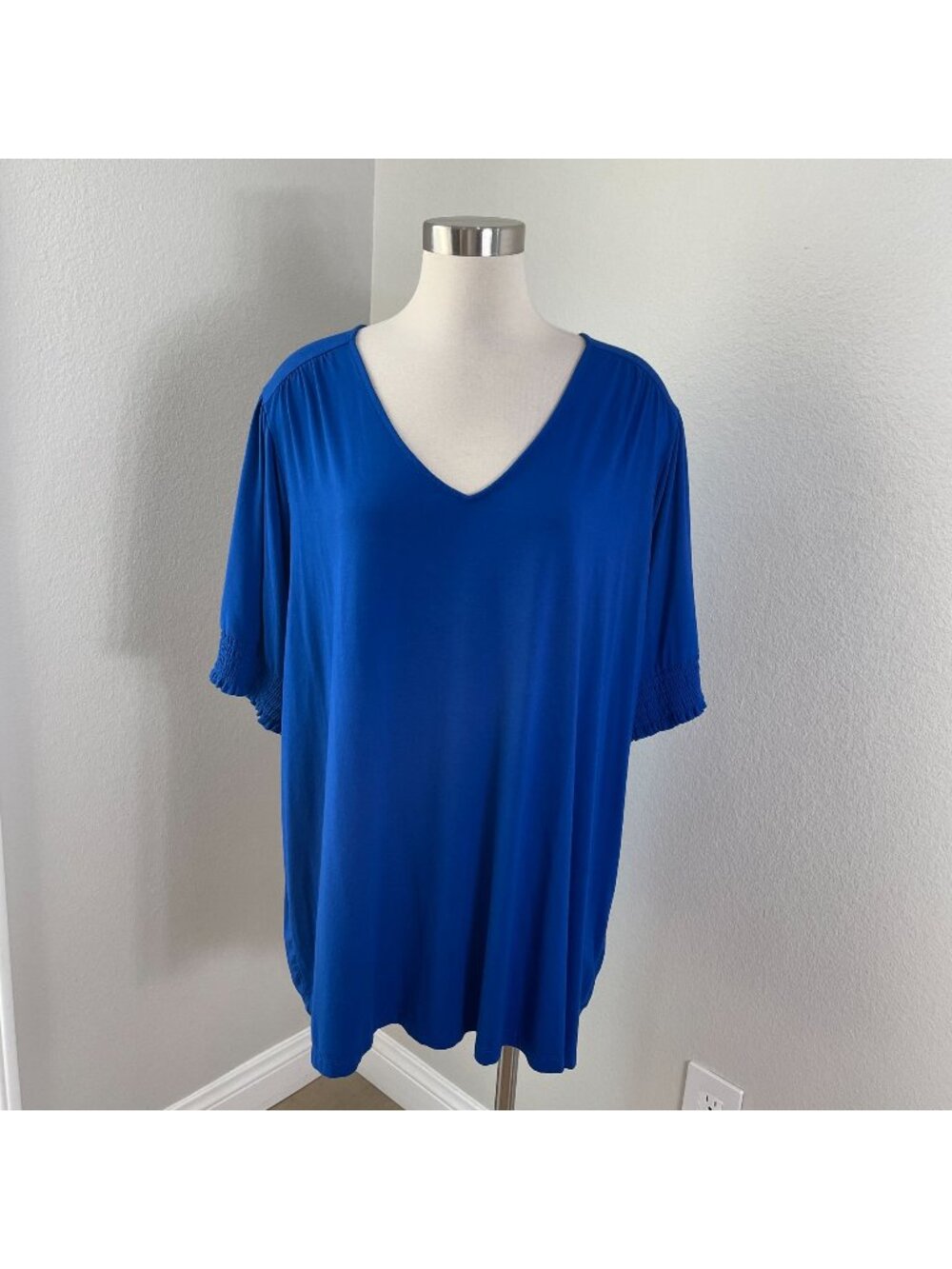 Susan Graver Weekend Womens‎ Plus 3X Blue Tunic Top Smocked Sleeves Liquid Knit